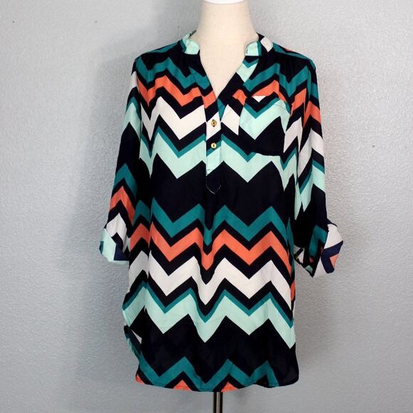 Rue 21 Colorful Chevron Pattern Henley Blouse Size M - Picture 3 of 13